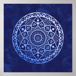 Affiche Fleurs et points Mandala - Blue Gradient Print