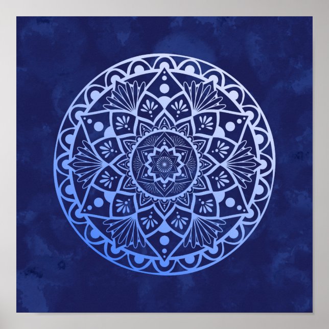 Affiche Fleurs et points Mandala - Blue Gradient Print (Devant)