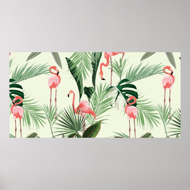 Affiche Fleurs exotiques et flamands roses, feuilles de pa (Devant)