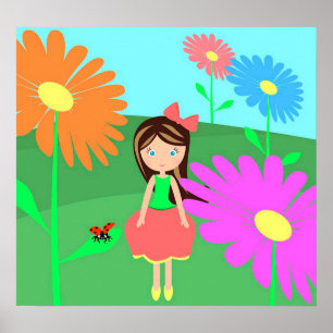 Affiche Fleurs, fille et coccinelle