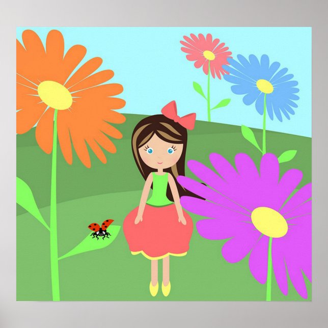 Affiche Fleurs, fille et coccinelle (Devant)
