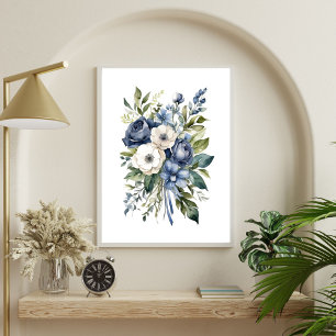 Affiche Fleurs Florales Bleu Blanc Aquarelle Élégantes