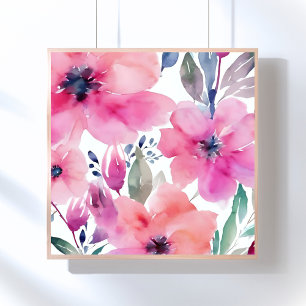 Affiche Fleurs Florales Fleurs Roses Peintes à l'Aquarel