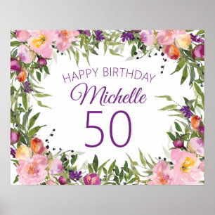 Affiche Fleurs Florales Violettes Roses Feuilles Vertes 50