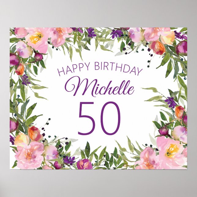 Affiche Fleurs Florales Violettes Roses Feuilles Vertes 50 (Devant)