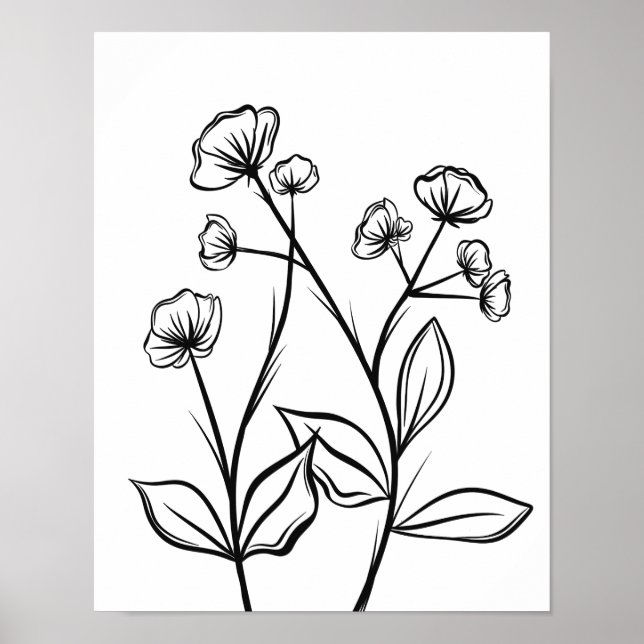 Affiche Fleurs florantes Line Art noir et blanc (Devant)