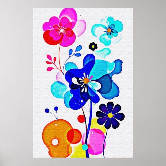 Affiche Fleurs fluides abstraites cyan magenta vibrant (Devant)