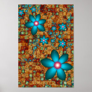 Affiche Fleurs fractales turquoise