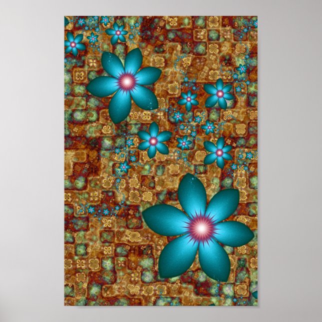Affiche Fleurs fractales turquoise (Devant)