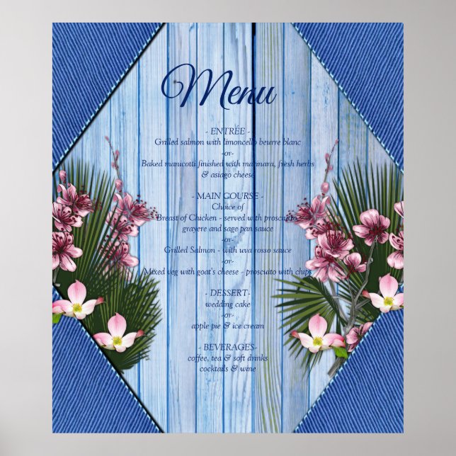 Affiche Fleurs graphiques roses sur tissu en bois bleu (Devant)