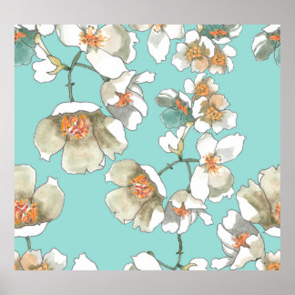 Affiche Fleurs Jasmin : Aquarelle Turquoise clair