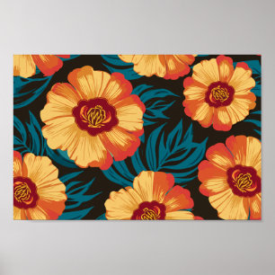 Affiche Fleurs jaune or et rouge avec Feuilles Turquoises