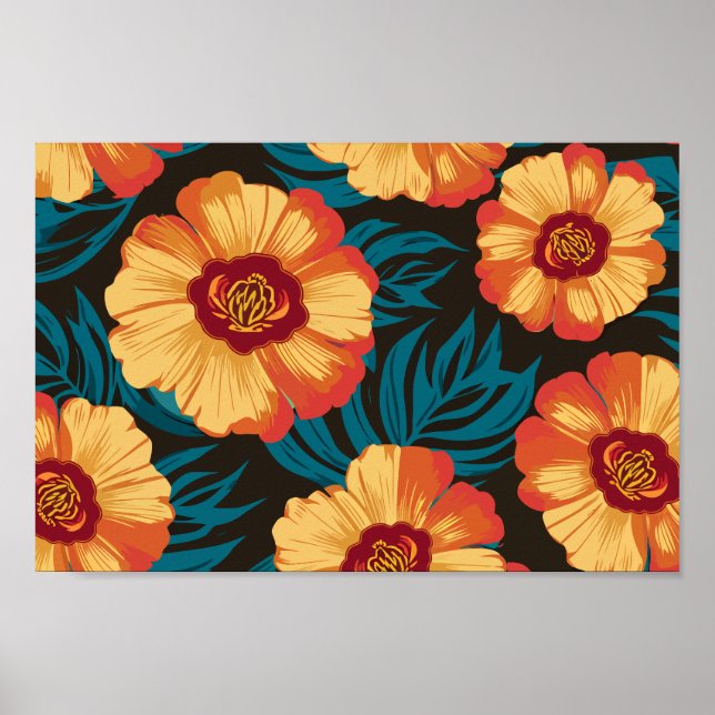 Affiche Fleurs jaune or et rouge avec Feuilles Turquoises (Devant)