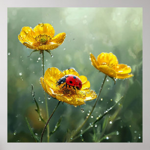 Affiche 🐞 Fleurs Jaunes Coccinelle Décor Naturel 🐞