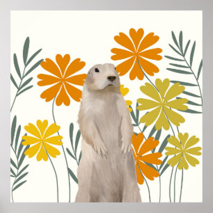 Affiche Fleurs Jaunes et Oranges de marmotte mignonne