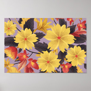 Affiche Fleurs jaunes et oranges sur fond de lavande