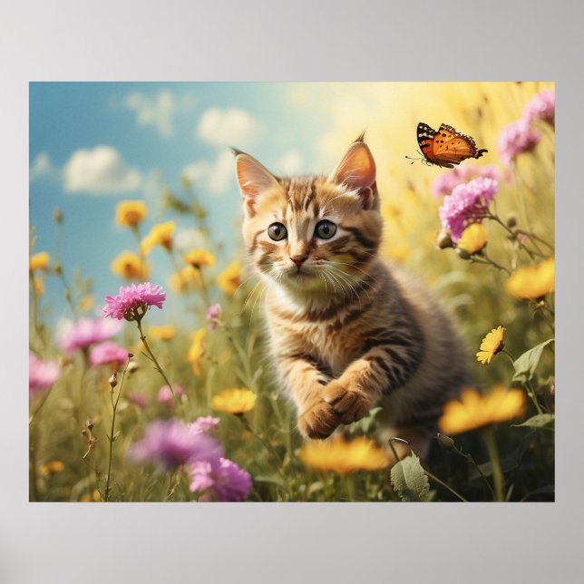 Affiche *~*  Fleurs Kitty 5:4  Chat Chat Papillon AP68 (Devant)