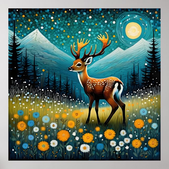 Affiche Fleurs mignonnes de cerf prairie Fantaisie  (Devant)