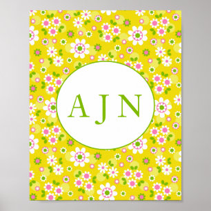 Affiche Fleurs Mood rétro Monogramme jaune et blanc