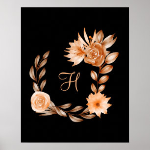Affiche Fleurs noir marron et pêche avec monogramme 