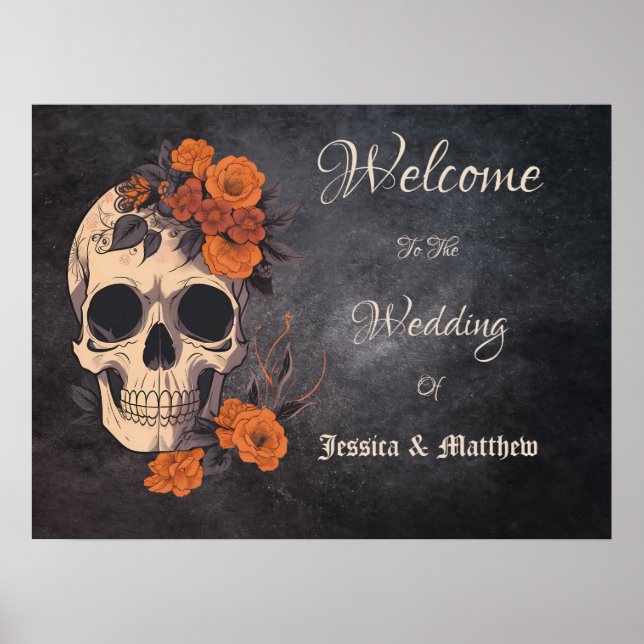 Affiche Fleurs orange Crâne floral Mariage élégant (Devant)