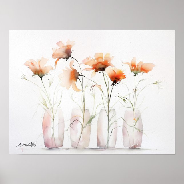 Affiche Fleurs orange dans des vases en verre (Devant)