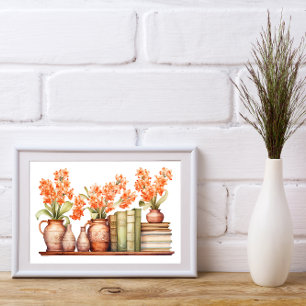 Affiche Fleurs orange dans les vases avec livres sur la bi