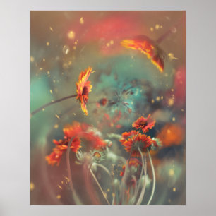 AFFICHE FLEURS ORANGES AVEC FOND ATMOSPHÉRIQUE DE RÊVE