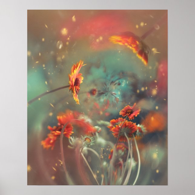 AFFICHE FLEURS ORANGES AVEC FOND ATMOSPHÉRIQUE DE RÊVE (Devant)