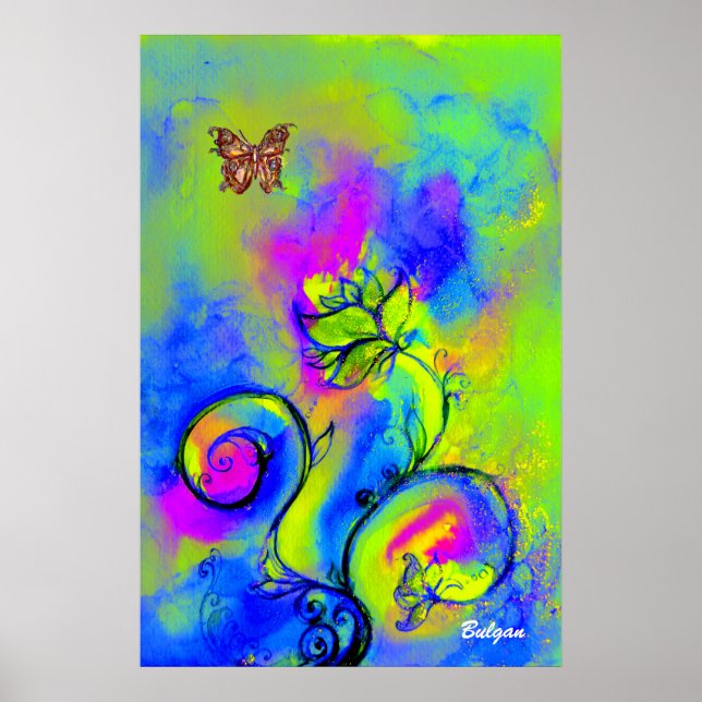 Affiche FLEURS & PAPILLONS FANTAISISTES bleu vert jaune (Devant)