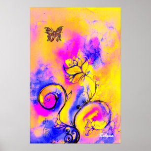 Affiche FLEURS & PAPILLONS FANTAISISTES rose jaune bleu