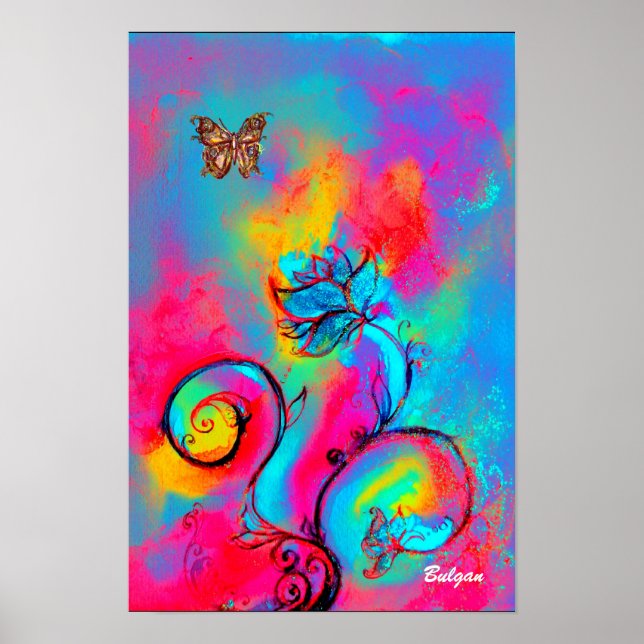 Affiche FLEURS & PAPILLONS FANTAISISTES rose jaune bleu (Devant)
