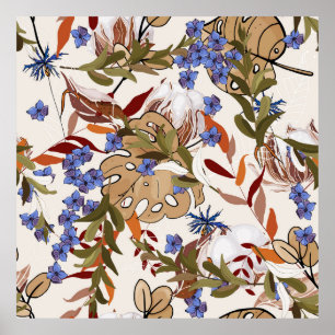 Affiche Fleurs pastel fleurissant lis de feuilles verts. R