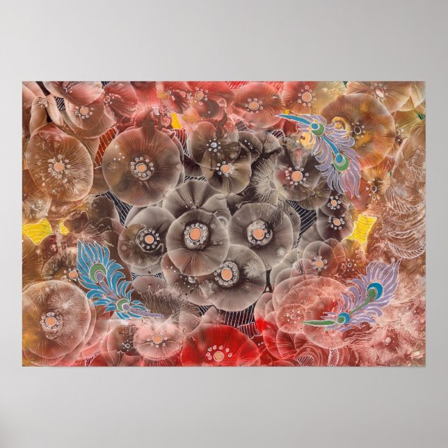 Affiche Fleurs peintes à la main avec des plumes de paon (Devant)