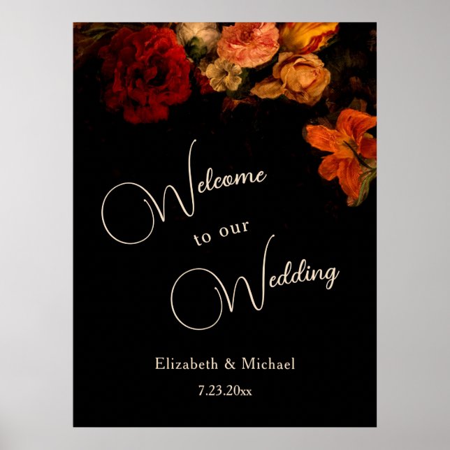 Affiche Fleurs peintes romantiques sombres Mariage Bienven (Devant)