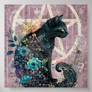 Affiche Fleurs Pentacle Noir Frapper Chat Joyaux Tonées