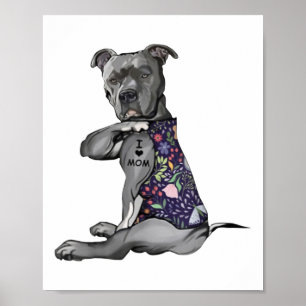 Affiche Fleurs Pitbull - I Love Maman Hippie Chien Pitbull