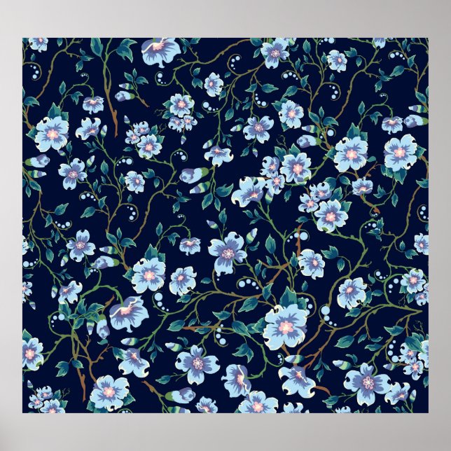 Affiche Fleurs pour enfants : bleu foncé transparent (Devant)