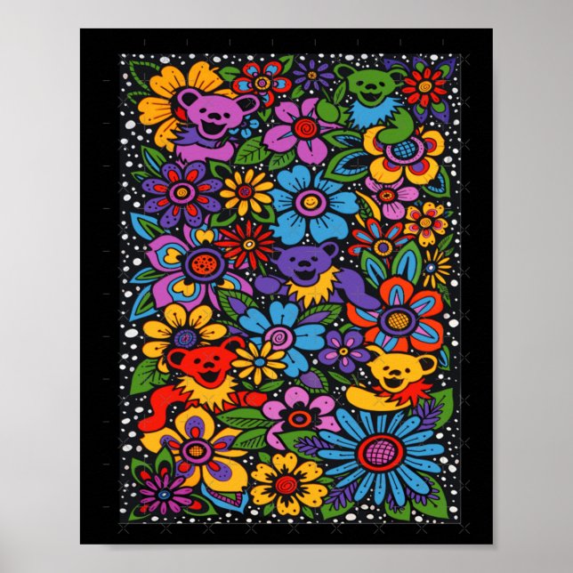 Affiche Fleurs Psychédéliques Ours Dansants Grate Colore (Devant)