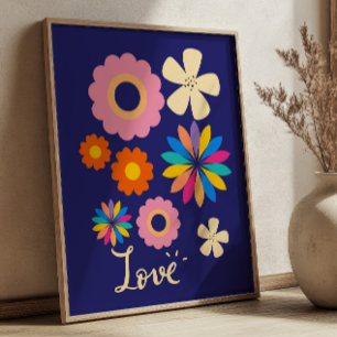 Affiche Fleurs Rétro Colorées sur Fond Bleu Marine Amour F