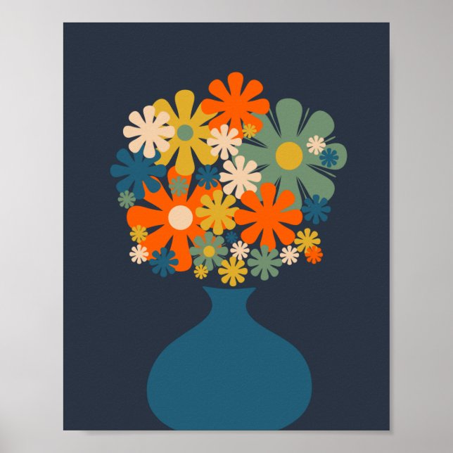 Affiche Fleurs rétro gaies dans un Vase bleu (Devant)