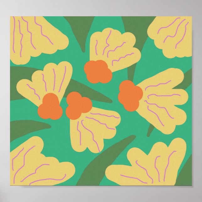 Affiche Fleurs Rétro Modernes Vintage Art Doodle Gras (Devant)