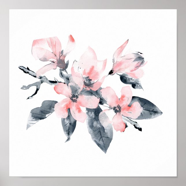 Affiche Fleurs rose et gris Aquarelle classique (Devant)