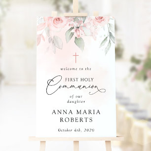 Affiche Fleurs Rose Pâle, Bienvenue à la Première Communio