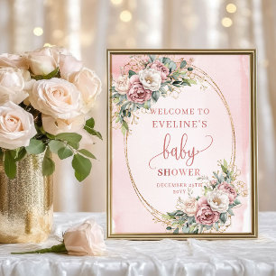 Affiche Fleurs rose poudré et paillettes or Bonjour Minima
