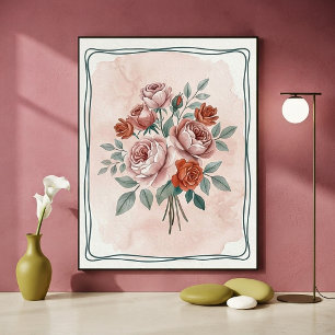 Affiche Fleurs Roses Aquarelle Vintage aux Teintes Roses e