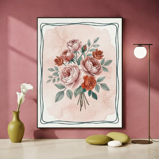 Affiche Fleurs Roses Aquarelle Vintage aux Teintes Roses e