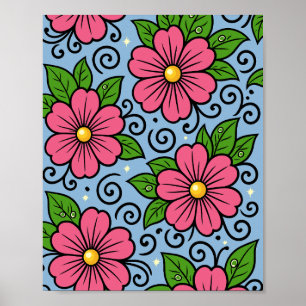 Affiche Fleurs roses avec feuilles vertes et détails courb