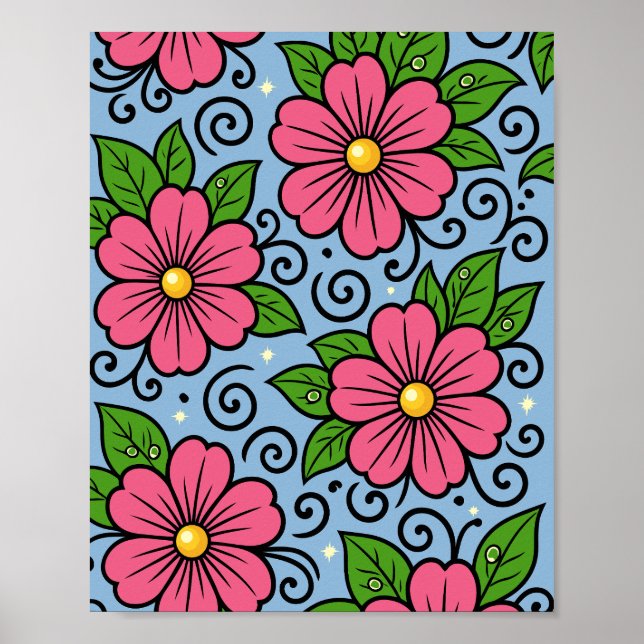 Affiche Fleurs roses avec feuilles vertes et détails courb (Devant)