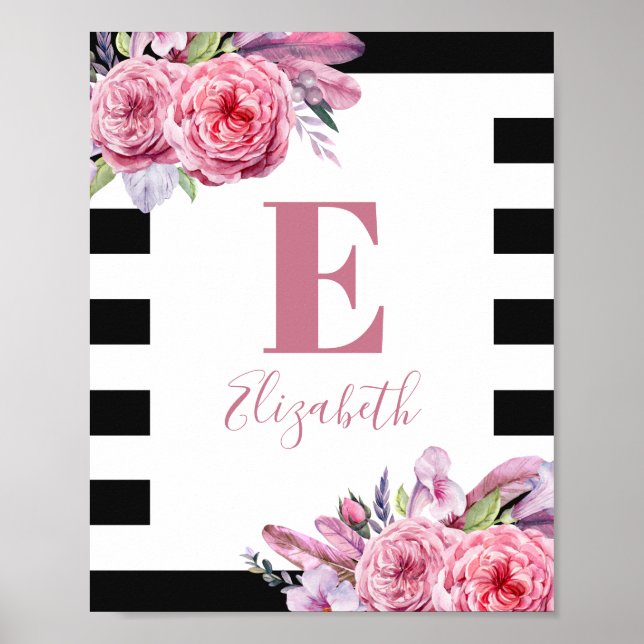 Affiche Fleurs roses boho aquarelles. monogramme de pépini (Devant)